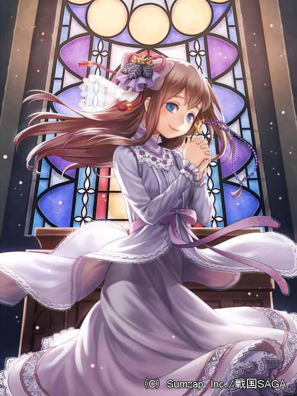 bead_necklace beads blue_eyes breasts brown_hair cowboy_shot dress esukee glint hair_ornament hands_together hands_up indoors jewelry long_hair looking_at_viewer necklace official_art pink_ribbon red_ribbon ribbon sengoku_saga small_breasts smile solo stained_glass standing watermark window