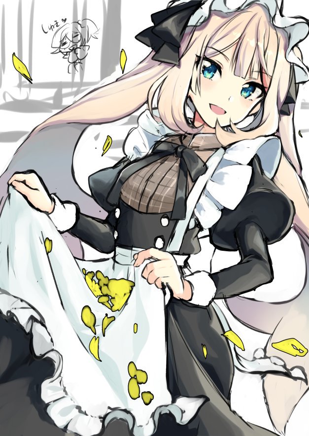 :d alternate_costume ameshizuku_natsuki apron apron_basket apron_hold bangs black_dress blush dress enmaided eyebrows_visible_through_hair fate/grand_order fate_(series) frilled_apron frills green_eyes heart juliet_sleeves light_brown_hair long_hair long_sleeves looking_at_viewer maid maid_apron maid_headdress marie_antoinette_(fate/grand_order) open_mouth petals puffy_sleeves sidelocks smile solo twintails very_long_hair white_apron