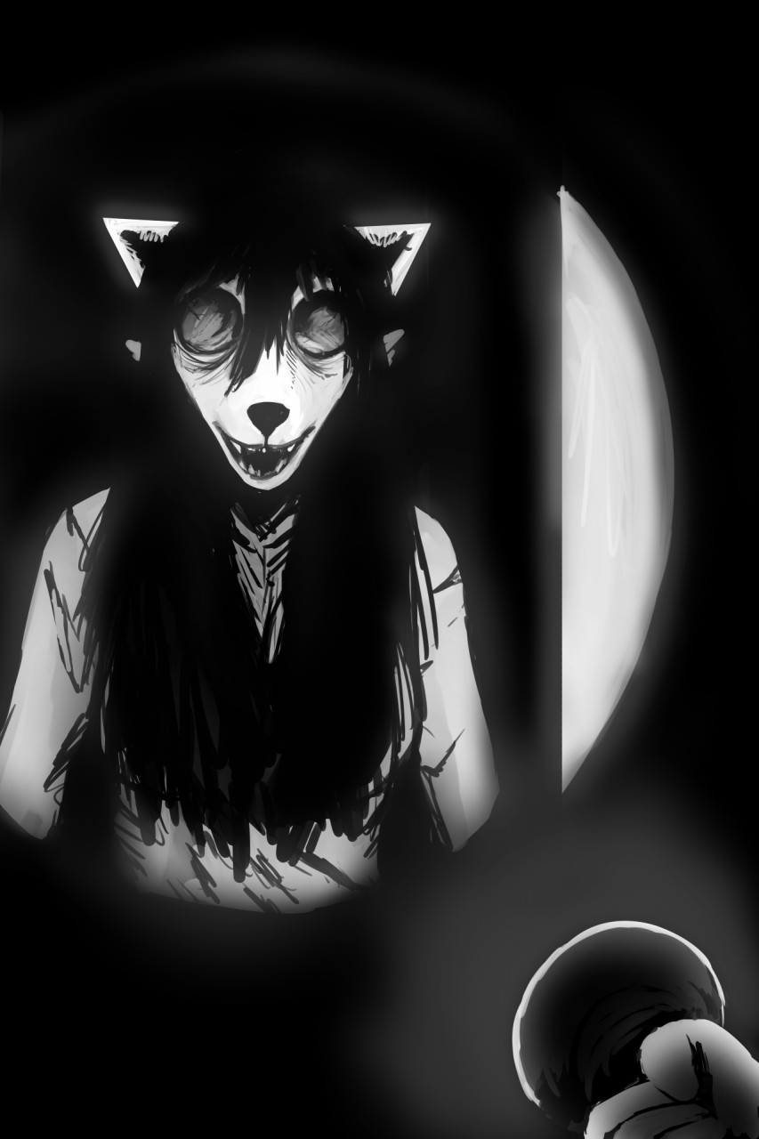 2018 anthro black_and_white black_hair black_nose canine creepy dog eyeless fangs female flashlight ghost_pupper hair hladilnik looking_at_viewer mammal monochrome nightmare_fuel smile