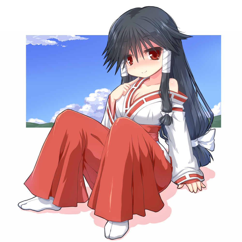 arm_support bandages bangs black_hair blue_sky blush bow breasts cleavage closed_mouth cloud collarbone commentary_request eyebrows_visible_through_hair hair_bow hair_ornament hair_ribbon hair_tubes hakama hand_up index_finger_raised japanese_clothes kimono knees_up long_hair long_sleeves looking_at_viewer low-tied_long_hair machi_(nagasarete_airantou) medium_breasts miko nagasarete_airantou nose_blush off_shoulder pointing pointing_at_self raised_eyebrows red_eyes red_hakama ribbon shadow sidelocks single_bare_shoulder sitting sky smile solo stairs tabi very_long_hair white_background white_bow white_kimono white_ribbon you_naka