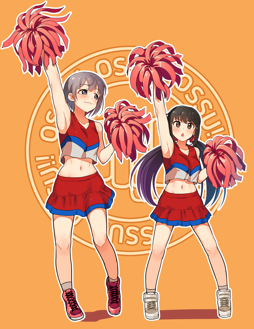black_hair blush brown_eyes cheerleader closed_mouth collarbone grey_hair idolmaster idolmaster_cinderella_girls kamille_(vcx68) long_hair looking_at_another looking_at_viewer low_twintails multiple_girls nakano_yuka navel orange_background otokura_yuuki parted_lips pom_poms red_skirt shoes short_hair simple_background skirt smile sneakers standing twintails