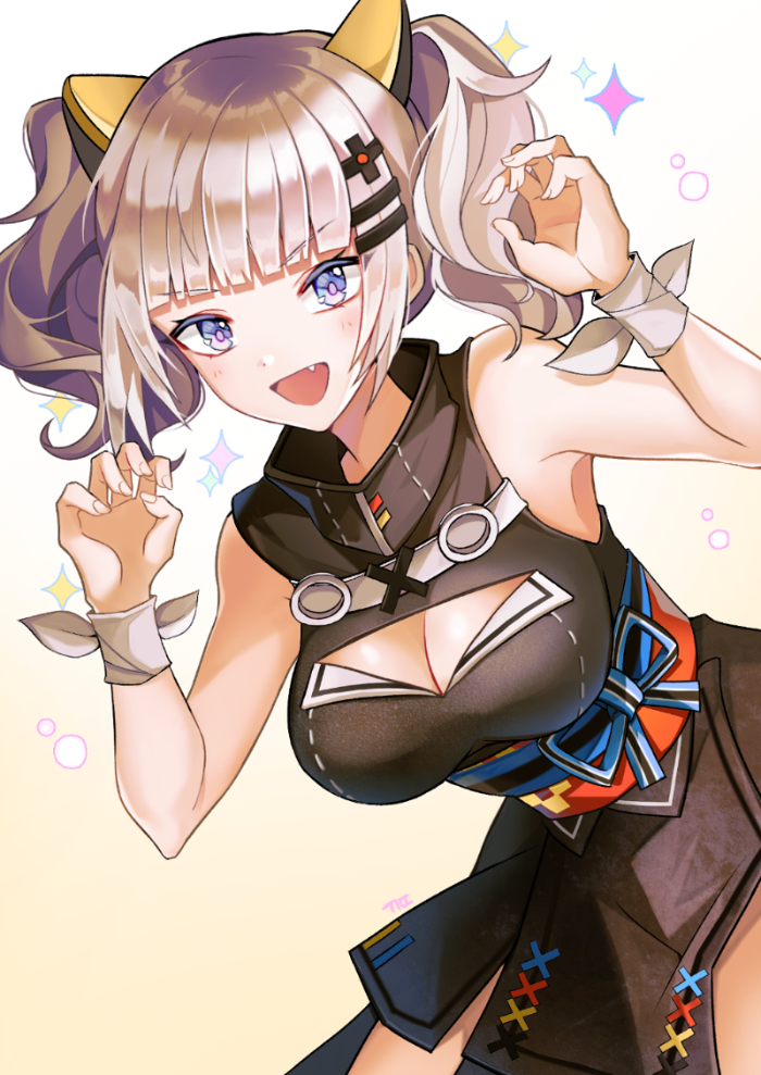 :d bad_id bad_pixiv_id bangs bare_shoulders black_dress blue_eyes blunt_bangs breasts claw_pose cleavage d-pad d-pad_hair_ornament dress fang fingernails ggomddak hair_ornament hairclip kaguya_luna kaguya_luna_(character) looking_at_viewer medium_breasts multicolored multicolored_eyes obi open_mouth pink_eyes ribbon sash short_hair silver_hair sleeveless sleeveless_dress smile solo twintails v-shaped_eyebrows virtual_youtuber wrist_ribbon