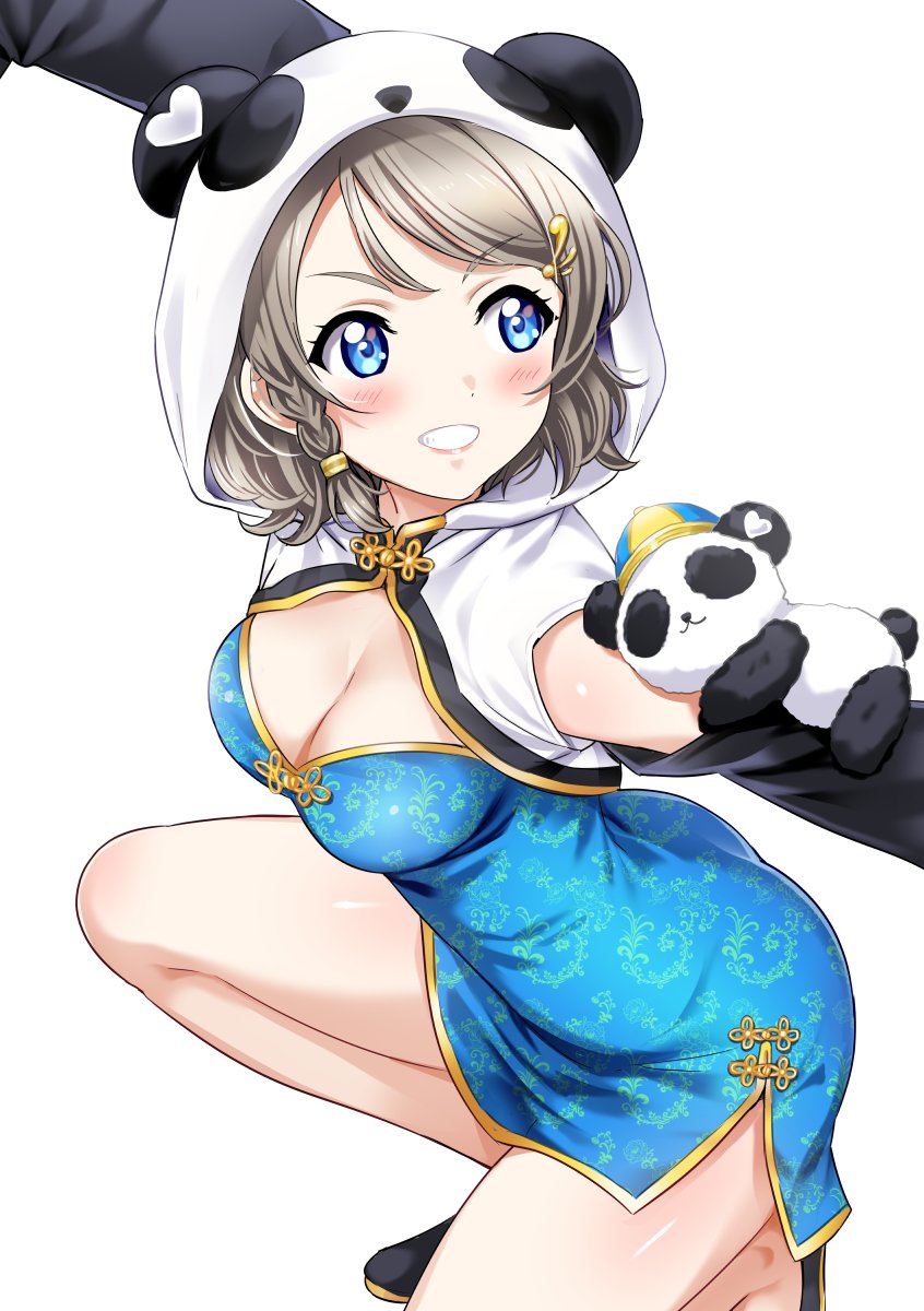 animal_costume bangs blue_eyes blush braid breasts china_dress chinese_clothes cleavage dress eyebrows_visible_through_hair grey_hair hair_between_eyes highres hood hoodie hoodie_vest love_live! love_live!_sunshine!! medium_breasts panda panda_costume rozen5 short_hair simple_background smile solo vest watanabe_you white_background