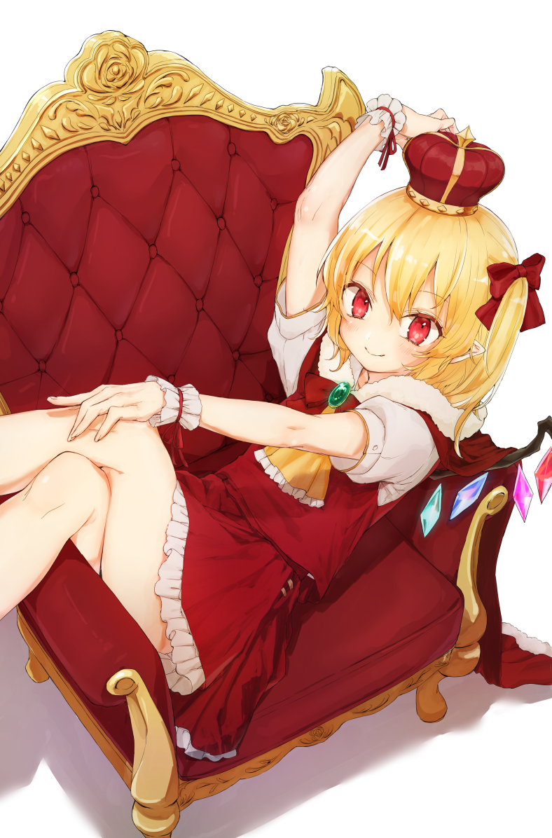 alternate_headwear arm_up ascot bangs blonde_hair blush bow brooch cape commentary_request couch crown crystal eyebrows_visible_through_hair feet_out_of_frame flandre_scarlet frilled_ascot frills from_above fur_trim hair_between_eyes hair_bow hat honotai jewelry looking_at_viewer lying miniskirt on_back one_side_up petticoat pointy_ears puffy_short_sleeves puffy_sleeves red_bow red_cape red_eyes red_hat red_skirt red_vest shadow shirt short_hair short_sleeves simple_background skirt skirt_set smile solo thighs touhou vest white_background white_shirt wings wrist_cuffs yellow_neckwear