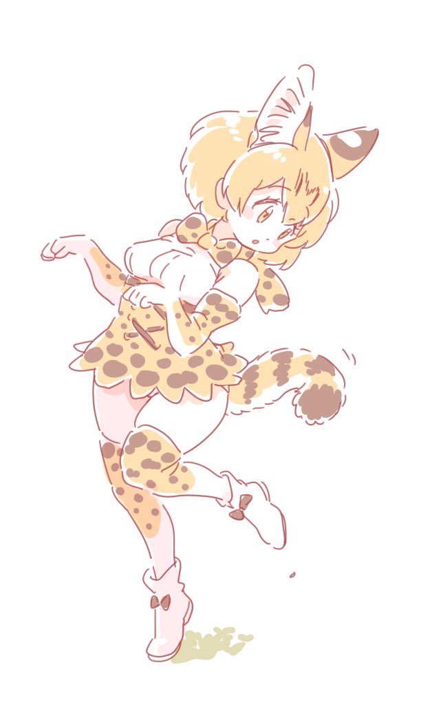 animal_ear_fluff animal_ears bare_shoulders belt blonde_hair boots bow bowtie commentary_request elbow_gloves eyebrows_visible_through_hair full_body gloves high-waist_skirt kemono_friends mitsumoto_jouji multicolored_hair paw_pose serval_(kemono_friends) serval_ears serval_print serval_tail shoe_bow shoes short_hair skirt sleeveless solo standing standing_on_one_leg tail thighhighs zettai_ryouiki