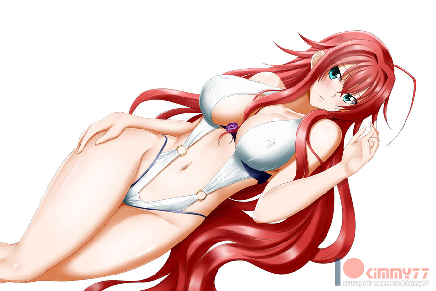 1girl ahoge alfred_cullado artist_name bangs blue_eyes blush breasts cleavage erect_nipples eyebrows_visible_through_hair hair_between_eyes high_school_dxd huge_ahoge large_breasts long_hair looking_at_viewer red_hair rias_gremory signature swimsuit thighhighs very_long_hair white_background