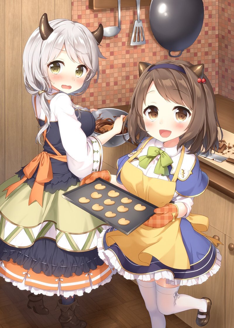 :d apron baking baking_sheet bangs black_skirt blue_capelet blue_legwear blue_skirt blush boots bow bowl breasts brown_eyes brown_footwear brown_hair camieux capelet commentary_request cookie counter draph eyebrows_visible_through_hair food frying_pan granblue_fantasy hair_bobbles hair_ornament heart holding holding_bowl horns indoors kitchen kitchen_knife ladle large_breasts layered_skirt long_hair long_sleeves looking_at_viewer looking_to_the_side masuishi_kinoto mixing_bowl multiple_girls nose_blush open_mouth oven_mitts pantyhose plaid shirt shoes silver_hair skirt smile spatula standing standing_on_one_leg stirring thighhighs tile_wall tiles unmoving_pattern wavy_mouth white_legwear white_shirt wide_sleeves wooden_floor yaia_(granblue_fantasy) yellow_apron yellow_bow
