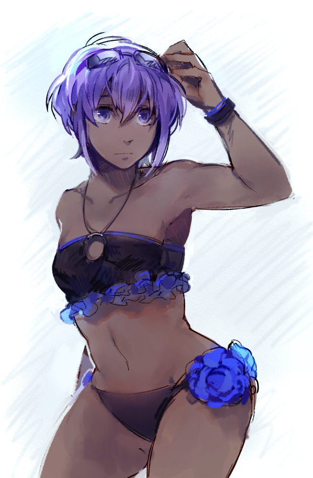 bikini bracelet breasts cowboy_shot eyewear_on_head fate/grand_order fate/prototype fate/prototype:_fragments_of_blue_and_silver fate_(series) hassan_of_serenity_(fate) idk-kun jewelry looking_at_viewer navel purple_eyes purple_hair small_breasts solo sunglasses swimsuit