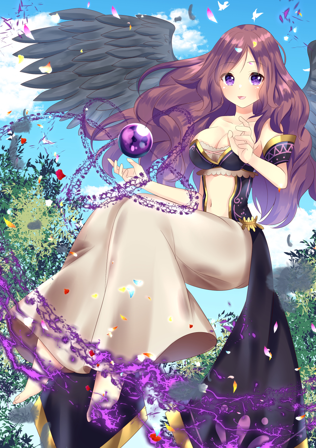 :d bangs bare_shoulders barefoot black_wings blue_sky blush breasts brown_hair brown_skirt cleavage cloud collarbone commentary_request day eyebrows_visible_through_hair feathered_wings highres large_breasts long_hair misaki_(misaki86) navel open_mouth orb original outdoors parted_bangs petals purple_eyes sitting skirt sky smile solo strapless toenails very_long_hair wings
