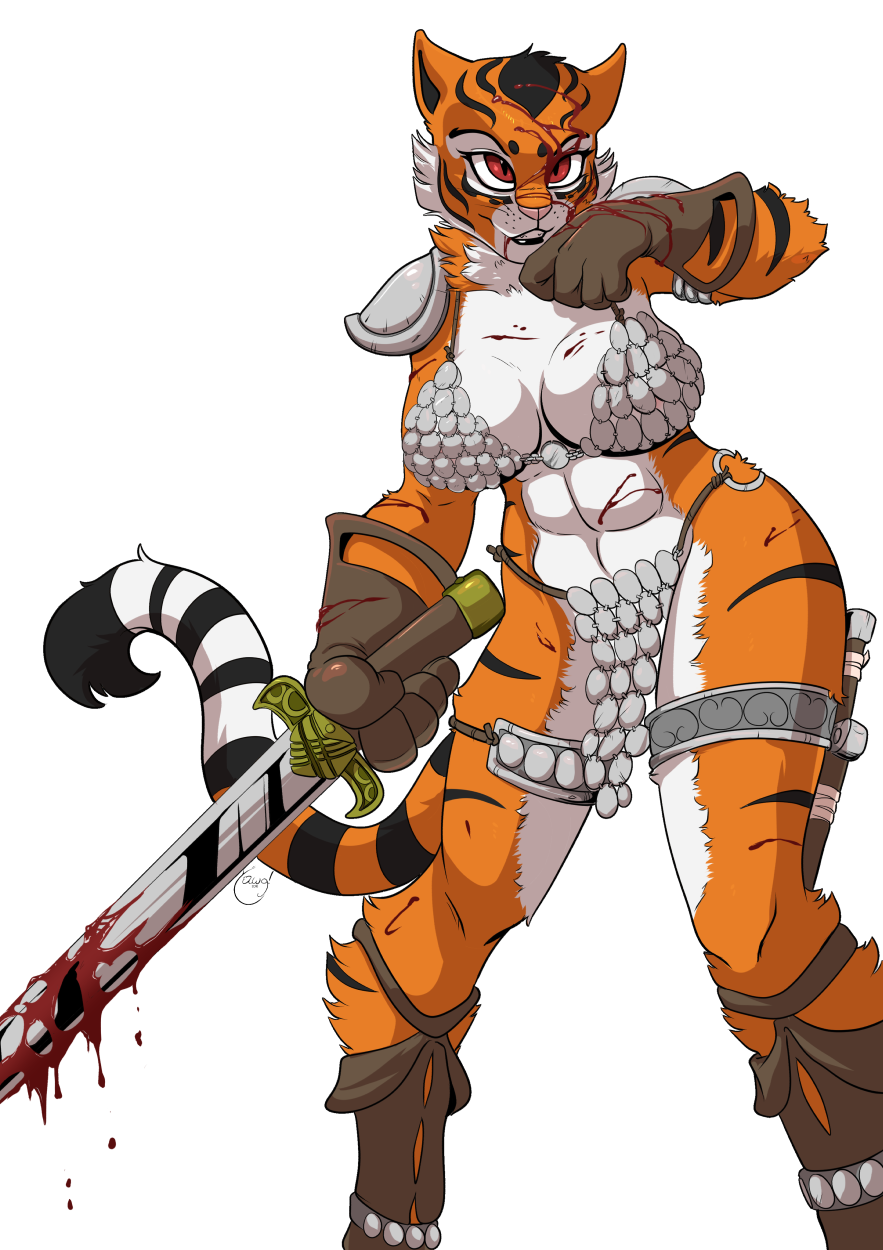 abs anthro athletic blood breasts clothed clothing feline female gloves loincloth looking_at_viewer mammal melee_weapon solo standing sword tiger weapon wide_hips yawg