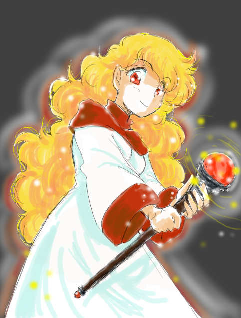 blonde_hair breasts commentary_request curly_hair dragon_quest dragon_quest_ii dress long_hair looking_at_viewer momoko_(pikacyu64) princess princess_of_moonbrook robe smile solo staff weapon white_robe