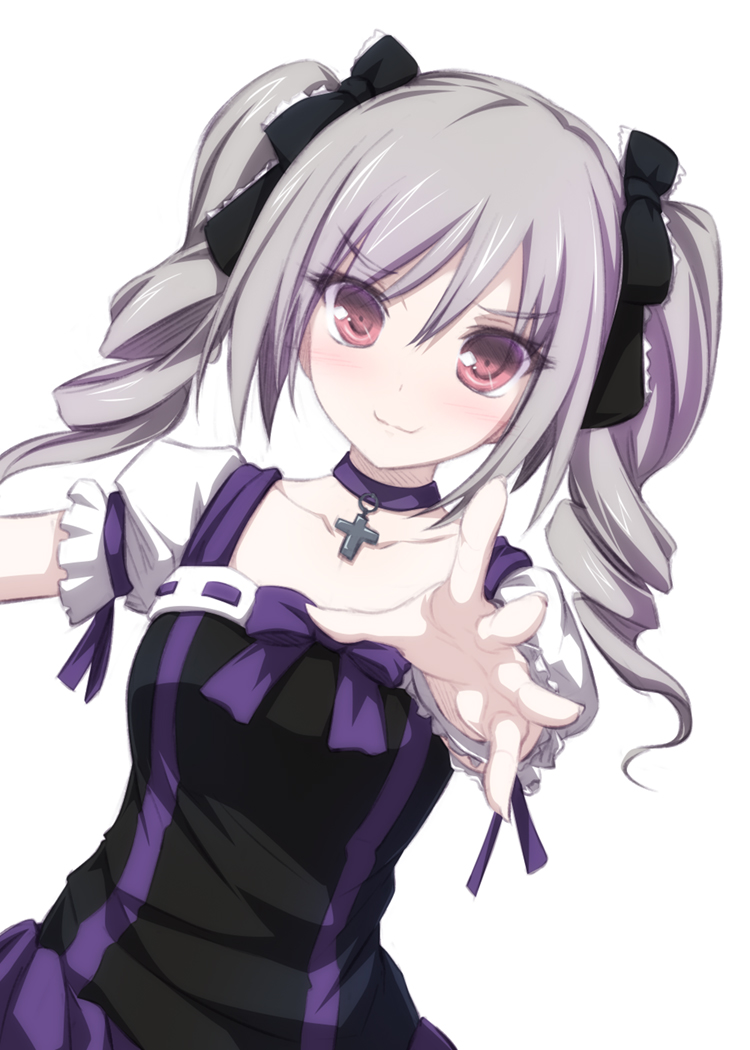 black_ribbon blush choker collarbone cross_choker drill_hair eyebrows_visible_through_hair grey_hair hair_ribbon idolmaster idolmaster_cinderella_girls kanzaki_ranko lolita_fashion long_hair looking_at_viewer outstretched_arm outstretched_hand puffy_short_sleeves puffy_sleeves purple_ribbon red_eyes ribbon short_sleeves simple_background smile solo tenmaso twin_drills twintails upper_body white_background
