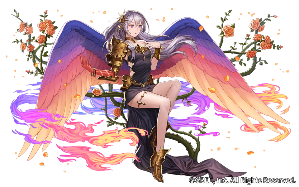 black_dress bracer breasts dress elbow_gloves esukee feathered_wings flower full_body gloves gold_footwear invisible_chair long_hair official_art purple_eyes red_gloves rose seisen_cerberus shoulder_armor silver_hair sitting small_breasts solo thorns transparent_background watermark wings