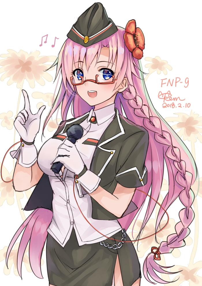 black_skirt blue_eyes blush braid breasts buttons chain character_name dated flower fnp-9_(girls_frontline) girls_frontline glasses gloves hair_flower hair_ornament hands_up hat holding holding_microphone kevn large_breasts long_hair looking_at_viewer microphone military military_hat military_uniform musical_note open_mouth pink_hair red-framed_eyewear short_sleeves signature single_braid skirt solo uniform upper_teeth white_gloves