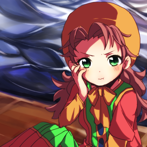 :i :t blush breasts closed_mouth commentary_request curly_hair dragon_quest dragon_quest_vii dress green_eyes hat hood long_hair looking_at_viewer maribel_(dq7) red_hair solo tamu_(gumikobetuaka)