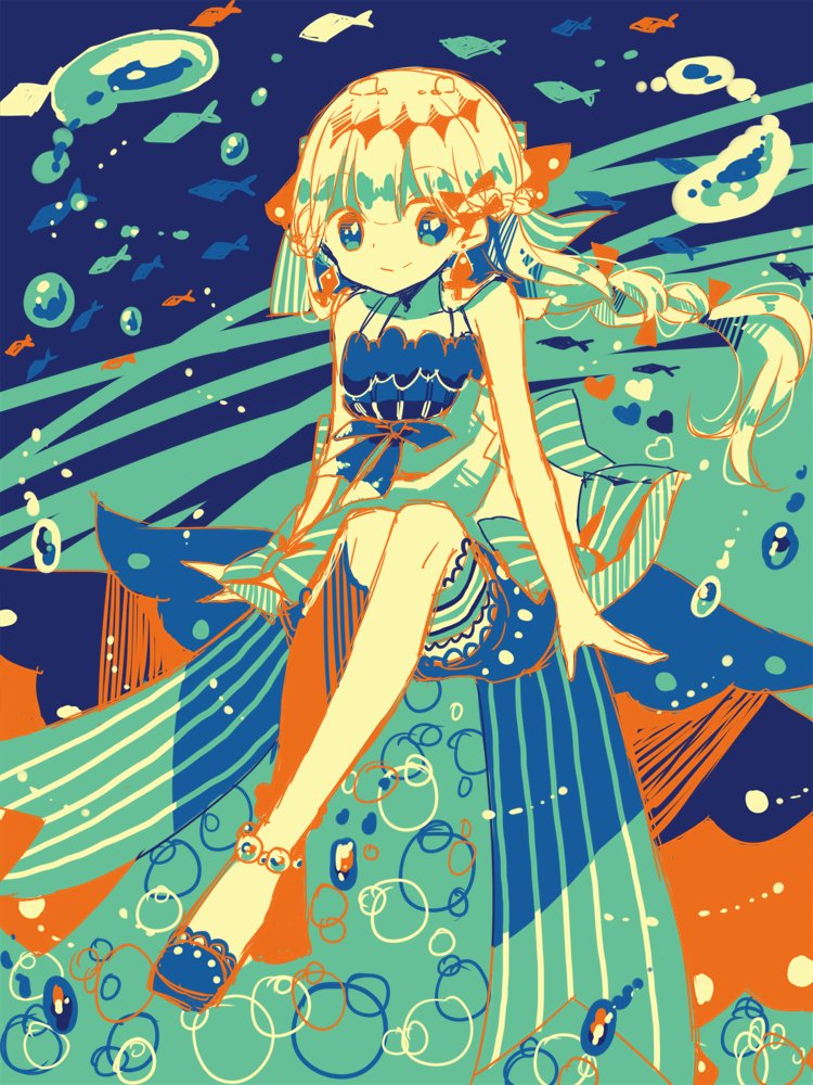 air_bubble anklet blue_eyes bow braid breasts bubble character_request copyright_request crossed_ankles fish hair_bow hiro_(a_ci) invisible_chair jewelry limited_palette long_hair shoes sitting small_breasts smile solo strapless tail white_hair