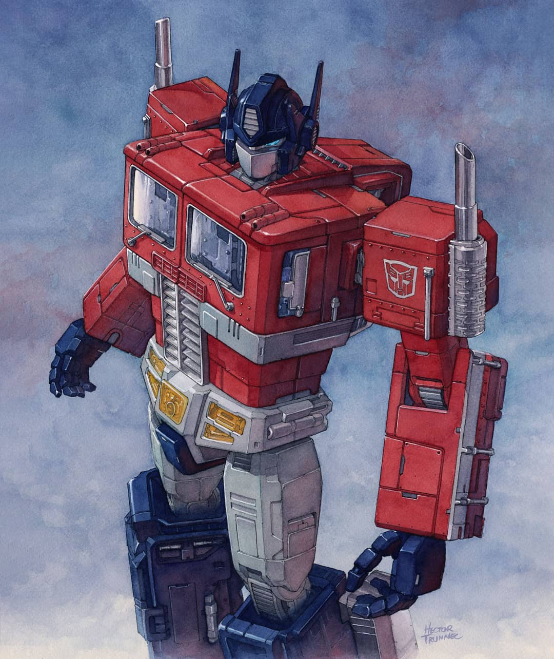 autobot commentary glowing glowing_eye ground_vehicle hector_trunnec highres insignia machine machinery mecha motor_vehicle no_humans oldschool optimus_prime robot science_fiction signature silver_hair traditional_media transformers truck watercolor_(medium)