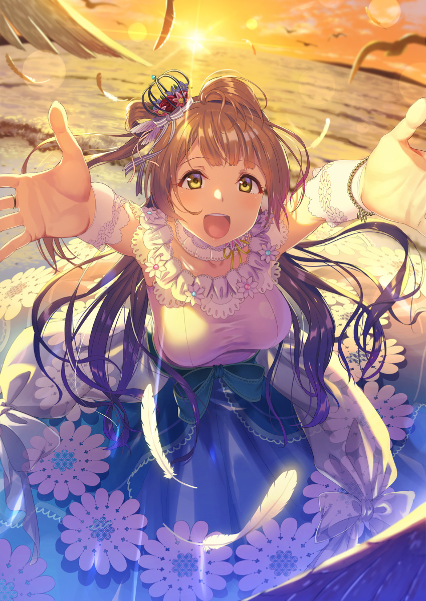 :d alternate_costume bangs beach bird blush breasts brown_hair choker cloud commentary_request crown dress eyebrows_visible_through_hair feathers hair_ribbon highres kichiroku long_hair looking_at_viewer love_live! love_live!_school_idol_project medium_breasts minami_kotori mini_crown ocean one_side_up open_mouth outdoors outstretched_arms ribbon sky smile solo spread_arms standing striped striped_ribbon sun sunset wind wrist_cuffs yellow_eyes
