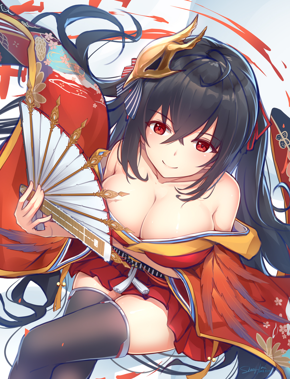 aircraft airplane artist_name azur_lane bare_shoulders black_hair black_legwear breasts cleavage crossed_legs dated fan folding_fan from_above hair_between_eyes hair_ribbon highres japanese_clothes kimono large_breasts long_hair looking_at_viewer mask mask_on_head off_shoulder red_eyes red_kimono red_ribbon ribbon shenhai_(2556146833) shikigami sitting smile solo taihou_(azur_lane) thighhighs twintails very_long_hair