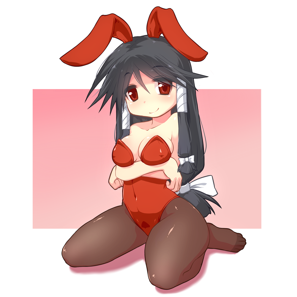 animal_ears arms_under_breasts bandages bangs bare_arms bare_shoulders black_hair black_legwear blush bow breasts bunny_ears bunny_girl cleavage closed_mouth collarbone commentary_request covered_navel covered_nipples crossed_arms eyebrows_visible_through_hair fake_animal_ears hair_bow hair_ornament hair_ribbon hair_tubes legs leotard long_hair looking_at_viewer low-tied_long_hair machi_(nagasarete_airantou) medium_breasts nagasarete_airantou pantyhose red_eyes red_leotard ribbon shadow sidelocks sitting skindentation smile solo strapless strapless_leotard thighs two-tone_background very_long_hair wariza white_bow white_ribbon you_naka