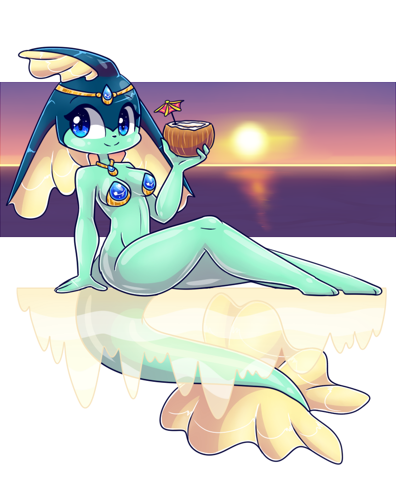anthro big_eyes big_tail blue_eyes bottomless breasts cascade_(hashu) clothed clothing coconut crown eeveelution featureless_feet female fin fish food fruit gem hashu head_fin jewelry long_tail looking_at_viewer marine merfolk necklace nintendo pasties pok&eacute;mon pok&eacute;mon_(species) princess royalty sea sitting smile sun sunset tail_fin vaporeon video_games water wet