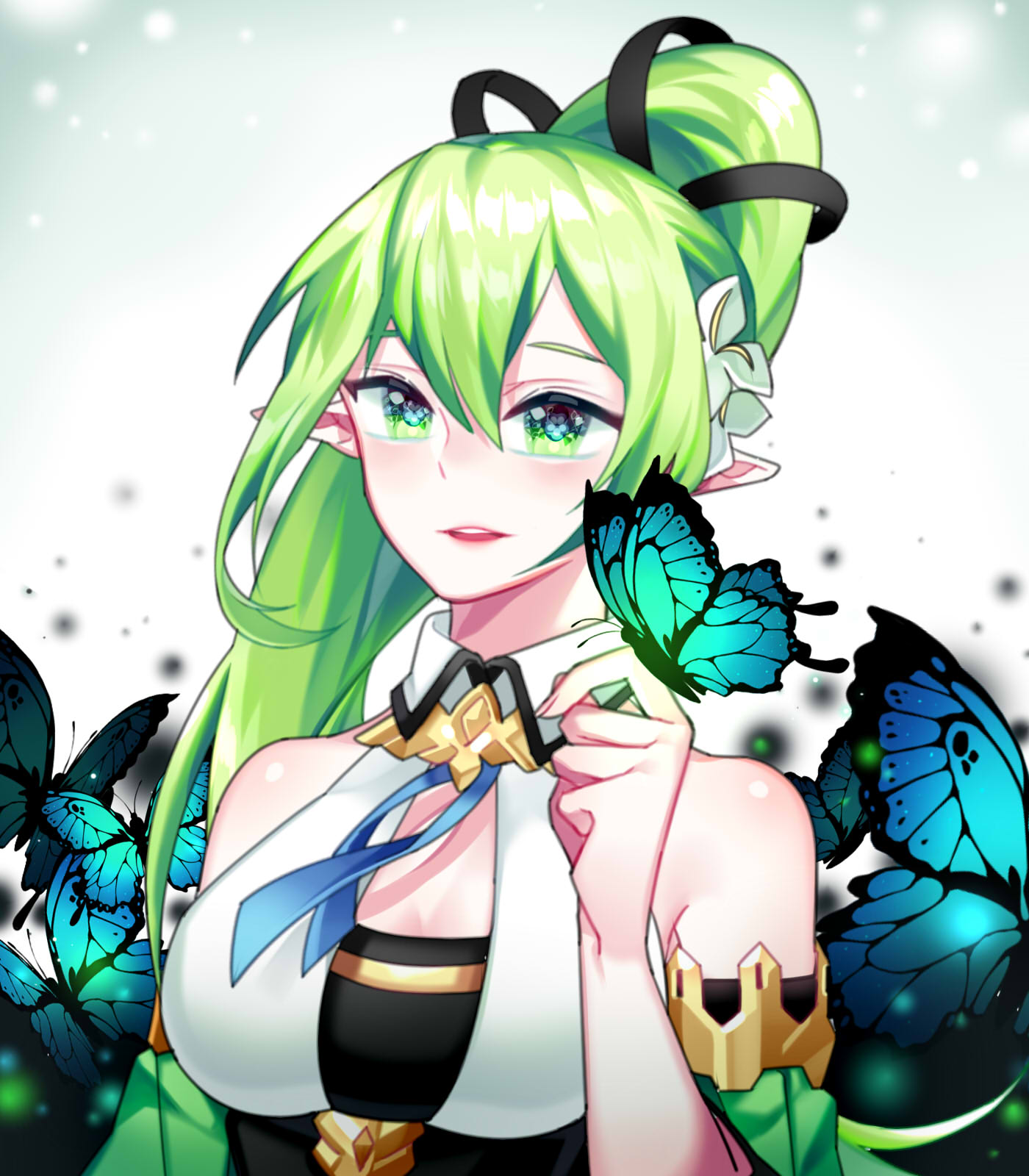bare_shoulders black_ribbon blue_neckwear breasts bug butterfly butterfly_on_finger chuki_(lydia) cleavage commentary elf elsword english_commentary fantasy flower glowing gold_trim green_eyes green_hair green_sleeves hair_flower hair_ornament highres insect light_particles long_hair looking_at_viewer neck_ribbon open_mouth pointy_ears rena_(elsword) ribbon side_ponytail very_long_hair wind_sneaker_(elsword)