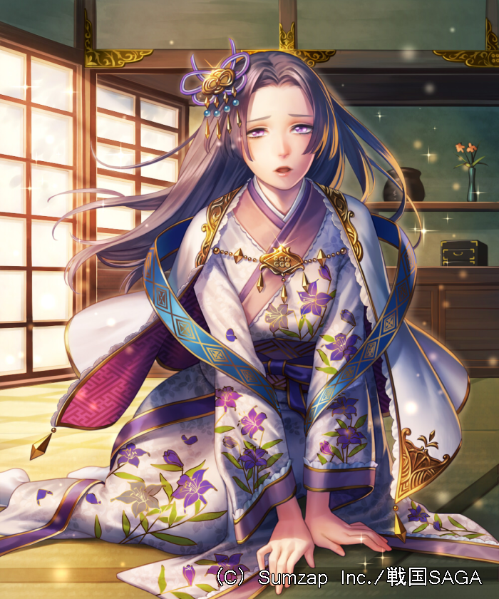 arm_support box breasts brown_hair day esukee floating_hair floral_print flower full_body glint gold_trim hair_ornament haori indoors japanese_clothes kimono kneeling large_breasts long_hair long_sleeves looking_at_viewer official_art open_mouth pot print_kimono purple_eyes sengoku_saga shawl solo vase watermark white_kimono wide_sleeves