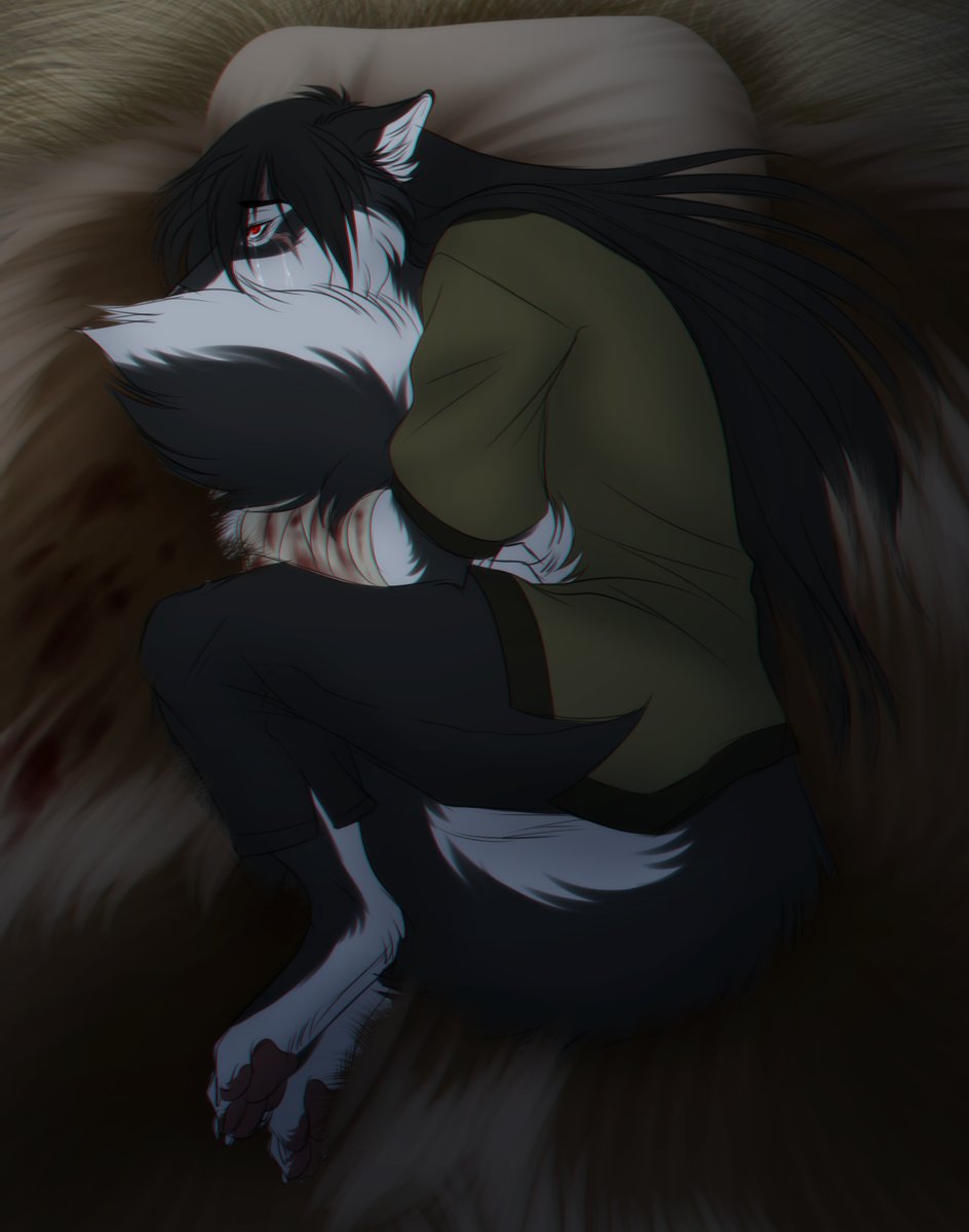 2018 anthro barefoot black_fur black_hair canine clothed clothing crying digital_media_(artwork) digitigrade female fur hair inkrend mammal red_eyes solo tears wolf wounded