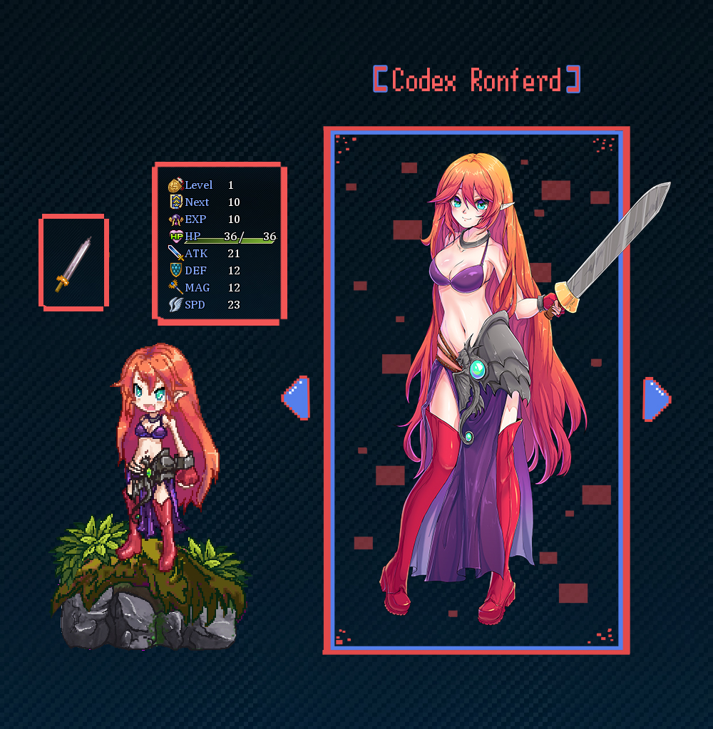 arina_chaika armor boots codex elf gameplay_mechanics gloves jewelry long_hair original pixel_art pointy_ears red_hair self_upload skirt smile solo stats swimsuit sword weapon