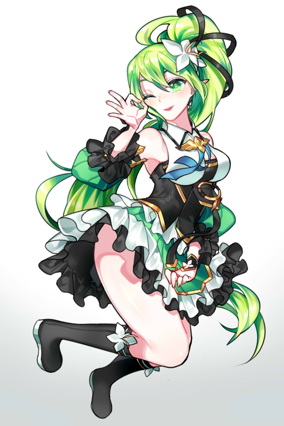 armpits bare_shoulders chuki_(lydia) detached_sleeves elf elsword flower green_eyes green_hair green_sleeves hair_flower hair_ornament highres long_hair ok_sign one_eye_closed open_mouth pointy_ears rena_(elsword) side_ponytail smile wind_sneaker_(elsword)