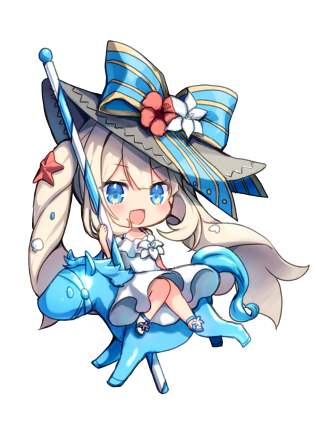 :d ameshizuku_natsuki bangs blue_eyes blue_footwear carousel chibi dress eyebrows_visible_through_hair fate/grand_order fate_(series) full_body hair_between_eyes light_brown_hair long_hair lowres marie_antoinette_(fate/grand_order) marie_antoinette_(swimsuit_caster)_(fate) off-shoulder_dress off_shoulder open_mouth sandals simple_background sitting smile solo twintails very_long_hair white_background white_dress