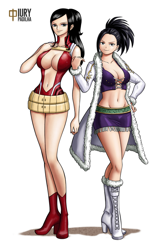 1girl 2girls bare_arms bare_shoulders black_eyes black_hair blue_eyes boku_no_hero_academia boots breasts center_opening cleavage cosplay costume_switch crossover curvy female full_body height_difference high_heels iury_padilha large_breasts legs long_hair looking_at_viewer multiple_girls navel nico_robin one_piece ponytail simple_background smile standing stomach thighs tied_hair underboob white_background yaoyorozu_momo
