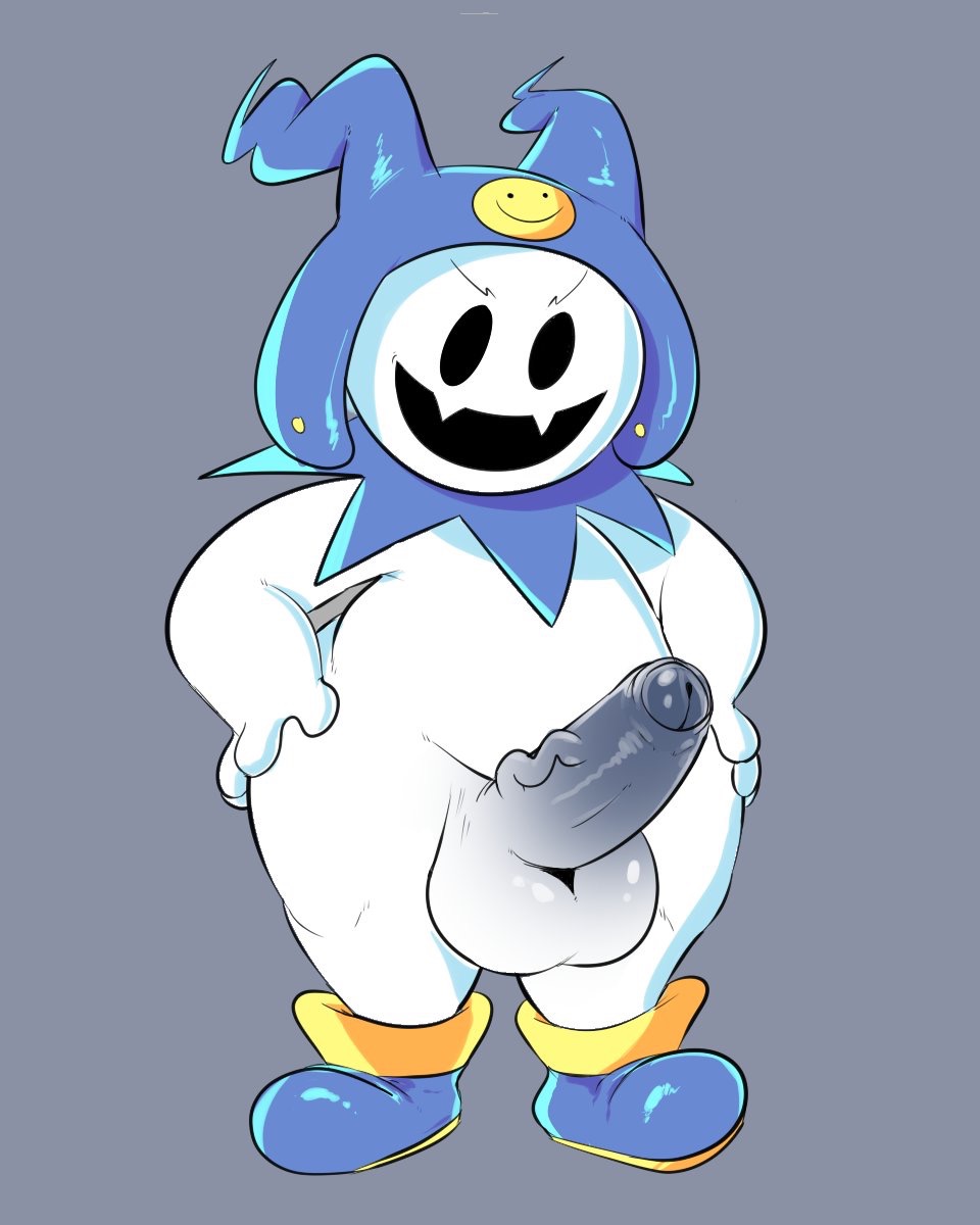 balls big_balls clothing demon erection footwear grey_background hands_on_hips humanoid_penis jack_frost_(megami_tensei) male megami_tensei penis simple_background slightly_chubby solo squishy_(artist) wide_hips