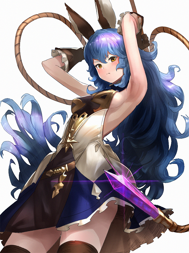 armpits arms_up bangs blue_hair blue_skirt blush breasts brown_eyes brown_gloves brown_legwear closed_mouth commentary_request elbow_gloves erune ferry_(granblue_fantasy) from_below frown glint gloves granblue_fantasy grey_background hair_between_eyes long_hair looking_at_viewer looking_down medium_breasts shirt sideboob simple_background skirt sleeveless sleeveless_shirt solo standing thighhighs v-shaped_eyebrows very_long_hair wasabi60 wavy_hair white_shirt