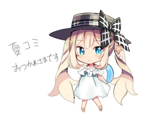 ameshizuku_natsuki arms_behind_back ball bangs bare_shoulders beachball black_bow black_hat blonde_hair blue_eyes blush bow chibi closed_mouth dress eyebrows_visible_through_hair fate/grand_order fate_(series) full_body hair_between_eyes hat hat_bow holding holding_ball long_hair lowres marie_antoinette_(fate/grand_order) marie_antoinette_(swimsuit_caster)_(fate) off-shoulder_dress off_shoulder simple_background smile solo standing translation_request very_long_hair white_background white_dress