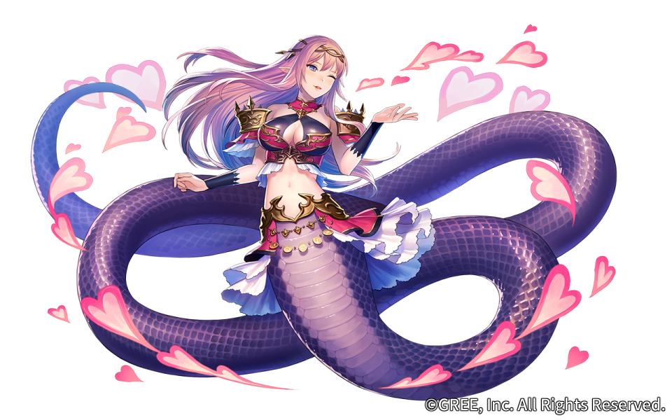 ;) bare_shoulders blown_kiss breasts cleavage esukee full_body hairband hand_up heart lamia long_hair medium_breasts monster_girl navel official_art one_eye_closed pointy_ears seisen_cerberus smile solo transparent_background watermark