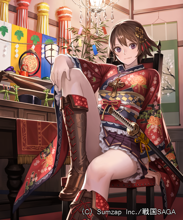 black_skirt boots brown_eyes brown_footwear brown_hair chair commentary_request esukee floral_print hair_ornament hanging_scroll indoors japanese_clothes kimono knee_boots knee_up leaf light looking_at_viewer official_art rug scroll sengoku_saga sheath sheathed shide short_hair sitting skirt smile solo sword table tanzaku watermark weapon wide_sleeves