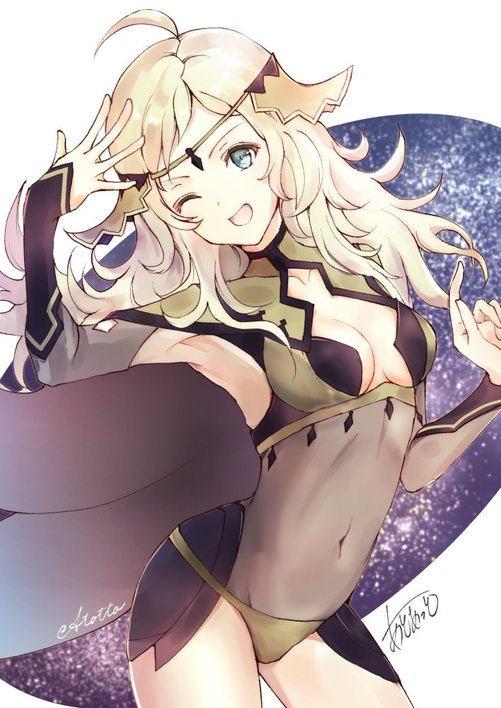 ahoge atoatto blonde_hair blue_eyes breasts cape circlet cleavage fire_emblem fire_emblem_heroes fire_emblem_if long_hair looking_at_viewer medium_breasts open_mouth ophelia_(fire_emblem_if) simple_background smile solo