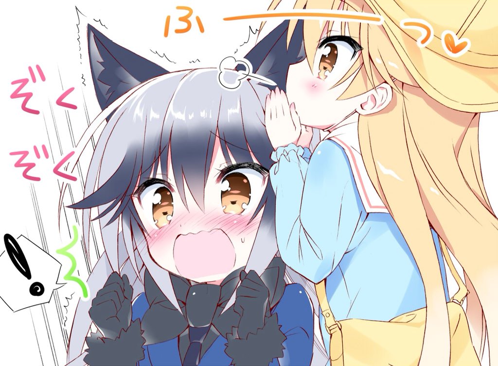 2girls animal_ears bag black_gloves black_shirt blazer blonde_hair blowing blowing_in_ear blue_jacket blue_shirt blush bow bowtie brown_eyes clenched_hands commentary_request ezo_red_fox_(kemono_friends) fox_ears gloves hand_to_own_mouth hat jacket kemono_friends long_hair multiple_girls open_mouth shirt silver_fox_(kemono_friends) spoken_exclamation_mark surprised takahashi_tetsuya upper_body