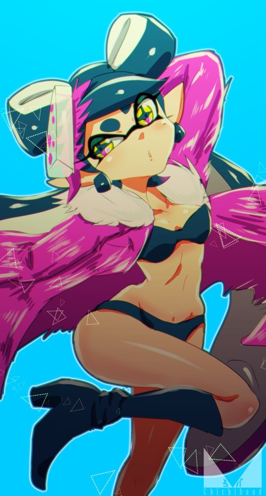 1girl :o aori_(splatoon) arm_behind_head bikini black_bikini black_footwear black_hair blue_footwear boots breasts chichi_band coat commentary_request domino_mask earrings food food_on_head head_tilt high_heel_boots high_heels jewelry leg_up long_hair long_sleeves looking_at_viewer mask medium_breasts mole mole_under_eye object_on_head open_clothes open_coat parted_lips pose purple_coat solo splatoon_(series) splatoon_2 standing standing_on_one_leg sushi swimsuit triangular_headpiece watermark yellow_eyes