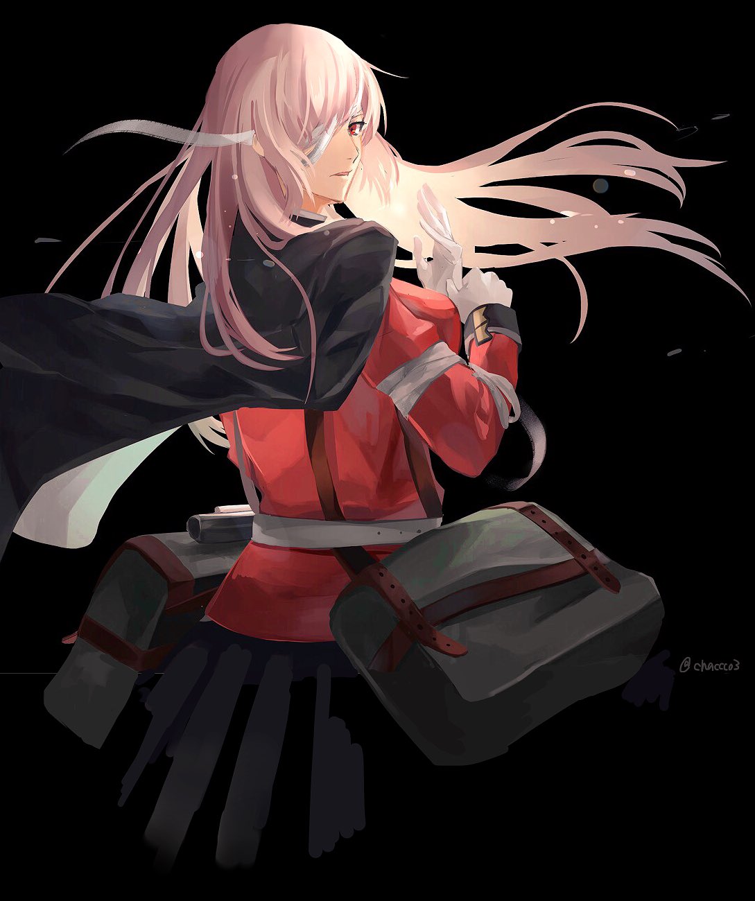 bag bandage_over_one_eye black_background fate/grand_order fate_(series) florence_nightingale_(fate/grand_order) from_behind gloves highres hoshi_rasuku jacket_on_shoulders long_hair looking_at_viewer pink_hair red_eyes satchel skirt twitter_username white_gloves