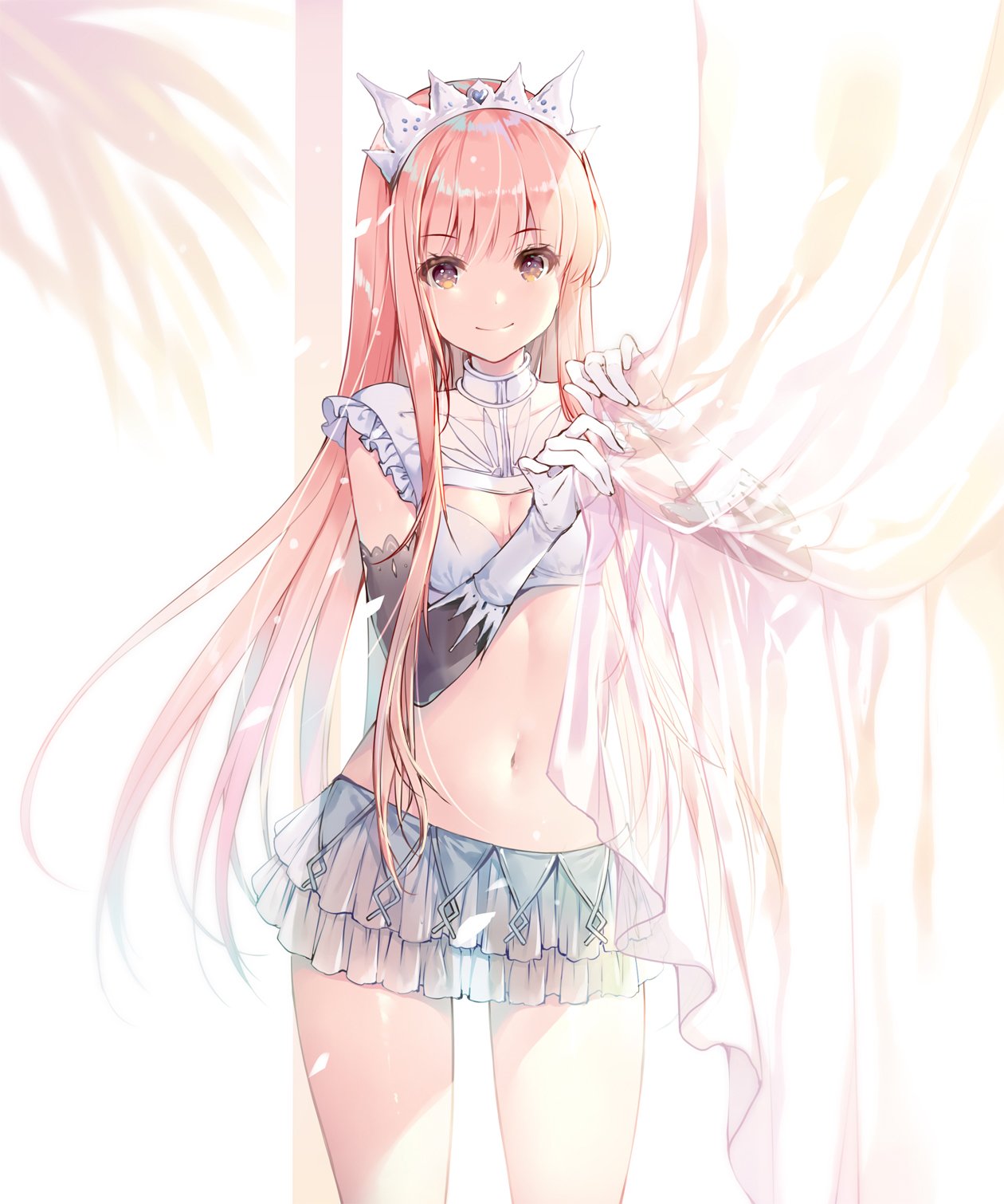 bangs blunt_bangs breasts curtain_grab curtains elbow_gloves fate/grand_order fate_(series) gloves highres long_hair medb_(fate)_(all) medb_(fate/grand_order) midriff miwabe_sakura navel pink_hair skirt small_breasts solo tiara white_gloves white_skirt