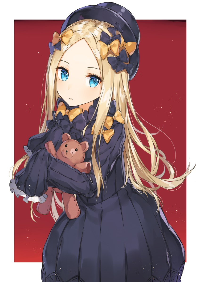abigail_williams_(fate/grand_order) bad_id bad_pixiv_id bangs black_bow black_dress black_hat blonde_hair blue_eyes bow bug butterfly closed_mouth commentary_request dress eyebrows_visible_through_hair fate/grand_order fate_(series) forehead hair_bow hat highres insect long_hair long_sleeves looking_at_viewer object_hug orange_bow parted_bangs red_background rikoma sleeves_past_fingers sleeves_past_wrists solo stuffed_animal stuffed_toy teddy_bear two-tone_background very_long_hair white_background