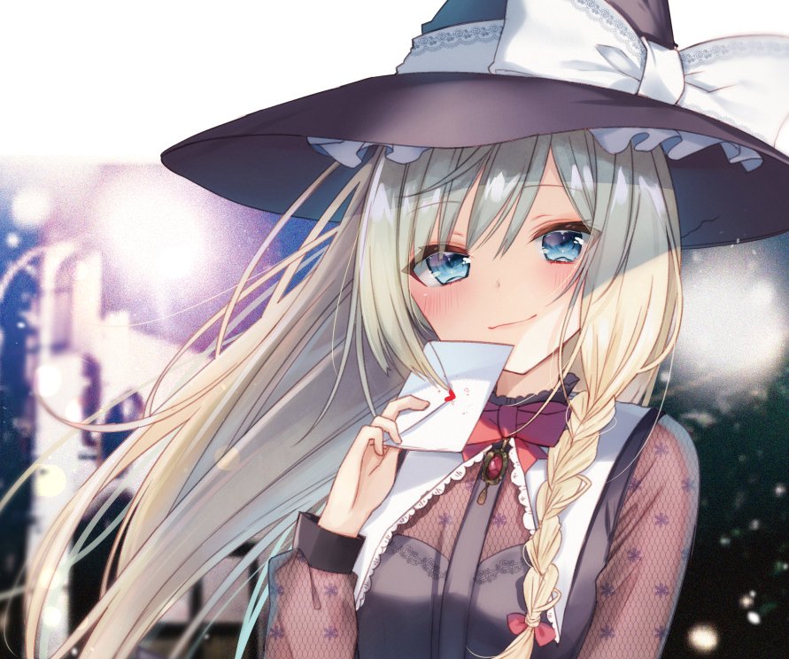 alternate_eye_color bangs black_hat black_vest blonde_hair blue_eyes blurry blurry_background blush bow braid brooch commentary_request eyebrows_visible_through_hair eyes_visible_through_hair hair_between_eyes hair_bow hand_up hat head_tilt heart holding holding_letter jewelry kirisame_marisa lace-trimmed_collar lace_trim lens_flare letter long_hair long_sleeves looking_at_viewer natsuki_(ukiwakudasai) neck_ribbon puffy_sleeves red_bow red_neckwear red_ribbon ribbon single_braid smile solo touhou vest witch_hat