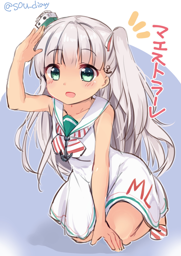 :d anchor_hair_ornament blush commentary_request dress eyebrows_visible_through_hair full_body gradient gradient_background green_eyes grey_hair hair_ornament kantai_collection long_dress long_hair looking_at_viewer maestrale_(kantai_collection) neckerchief one_side_up open_mouth sailor_dress salute school_uniform sleeveless sleeveless_dress smile solo sou_(soutennkouchi) striped striped_neckwear translated twitter_username