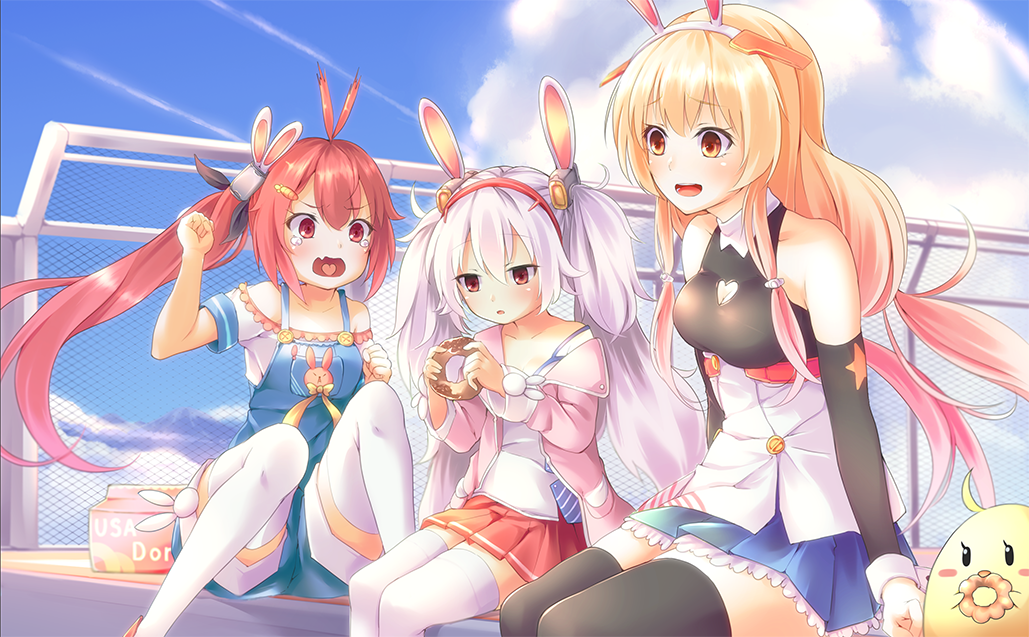 :d animal animal_ears antenna_hair azur_lane bailey_(azur_lane) bangs bare_shoulders benson_(azur_lane) bird black_legwear blonde_hair blue_skirt blue_sky blush breasts brown_eyes bunny_ears camisole carrot_hair_ornament chain-link_fence chick cloud cloudy_sky collarbone commentary_request day detached_sleeves doughnut eyebrows_visible_through_hair fence food food_themed_hair_ornament french_cruller hair_between_eyes hair_ornament hairband holding holding_food jacket laffey_(azur_lane) long_hair long_sleeves medium_breasts multiple_girls off-shoulder_shirt off_shoulder open_clothes open_jacket open_mouth outdoors overall_shorts parted_lips pastry_box pink_jacket pleated_skirt red_eyes red_hairband red_skirt shirt short_sleeves side_ponytail sidelocks silver_hair skirt sky smile strap_slip tears thighhighs trend_kill twintails very_long_hair white_camisole white_hairband white_legwear white_shirt