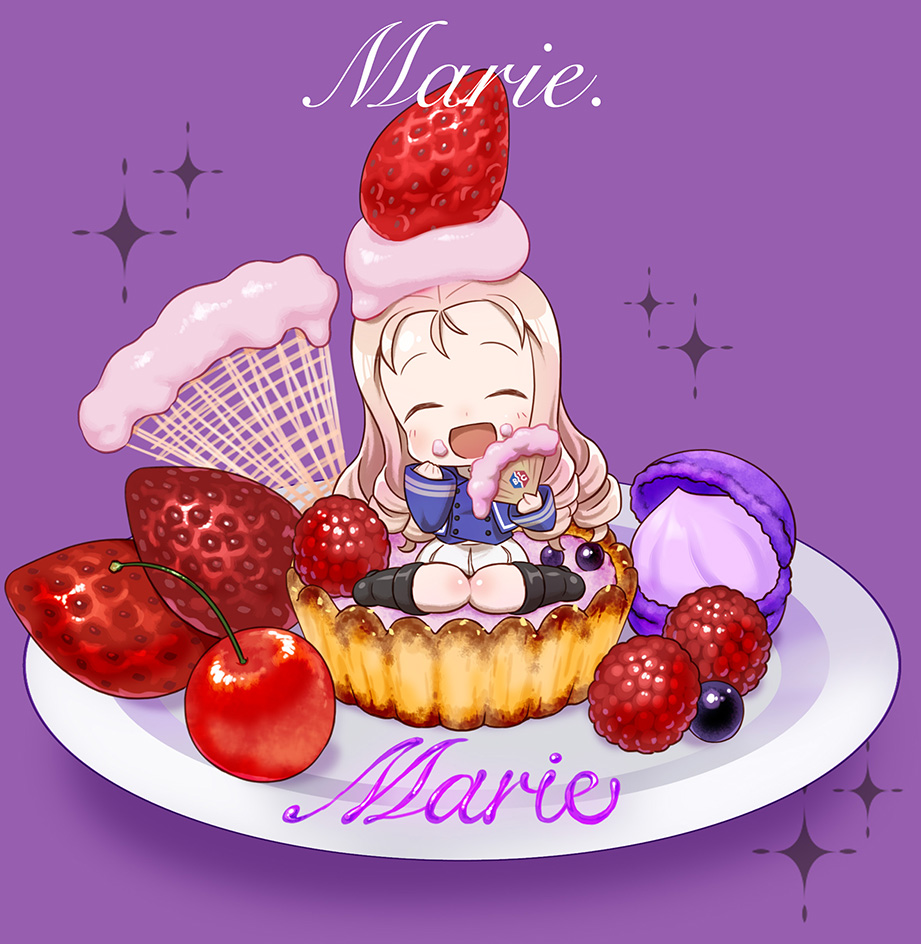 bc_freedom_(emblem) bc_freedom_military_uniform berries black_footwear blonde_hair blue_jacket blue_vest blueberry boots chaki_(teasets) character_name chibi closed_eyes cream cursive dessert drill_hair emblem facing_viewer fan folding_fan food food_on_face food_on_head food_request fruit girls_und_panzer holding holding_fan in_food jacket knee_boots long_hair long_sleeves marie_(girls_und_panzer) military military_uniform minigirl object_on_head open_mouth plate pleated_skirt purple_background sitting skirt smile sparkle strawberry uniform vest wariza white_skirt