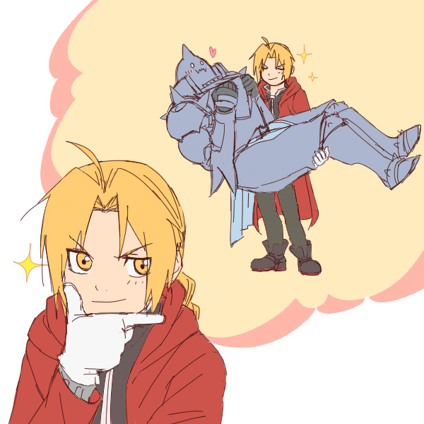 :3 alphonse_elric antenna_hair apron armor black_pants black_shirt blonde_hair blush boots brothers carrying closed_eyes coat edward_elric eyebrows_visible_through_hair frown full_armor full_body fullmetal_alchemist gloves grin heart imagining looking_away male_focus multiple_boys pants princess_carry red_coat shirt siblings simple_background smile sparkle tabixneko thought_bubble upper_body white_background white_gloves yellow_eyes