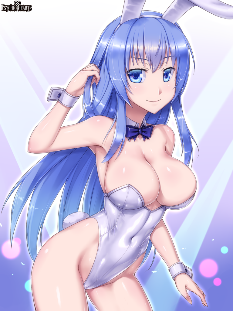 animal_ears blue_eyes blue_hair blue_neckwear bow bowtie breasts bunny_ears bunny_girl bunny_tail bunnysuit cocytus_(wind_master) copyright_name cowboy_shot detached_collar highleg highleg_leotard large_breasts leaning_forward leotard long_hair looking_at_viewer psychic_hearts smile solo strapless strapless_leotard tail white_background white_leotard wrist_cuffs