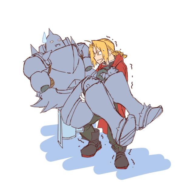 alphonse_elric antenna_hair armor blonde_hair boots braid brothers carrying coat edward_elric full_armor full_body fullmetal_alchemist gloves heavy male_focus multiple_boys princess_carry red_coat siblings simple_background standing sweat sweatdrop tabixneko trembling white_background yellow_eyes
